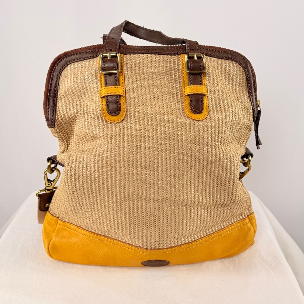 Fossil‎ Woven & Leather Fold Over Handbag with Strap Tan Brown Yellow